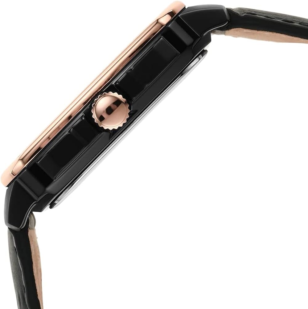 Side profile of Fossil Inscription watch with rose gold case and leather strap