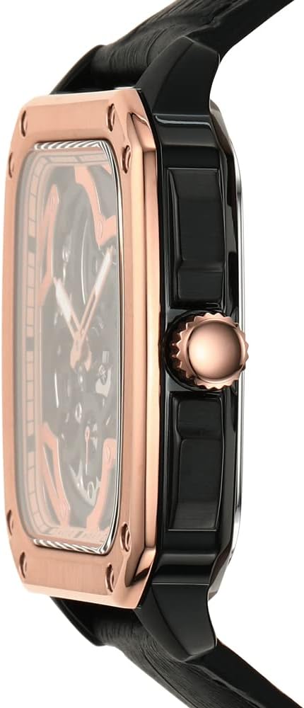 Side view of Fossil Inscription watch showing rose gold case and black leather strap