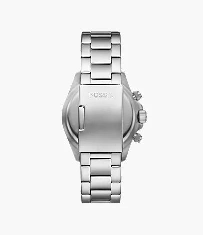 Caseback view of Fossil Autocross watch showing stainless steel case and bracelet