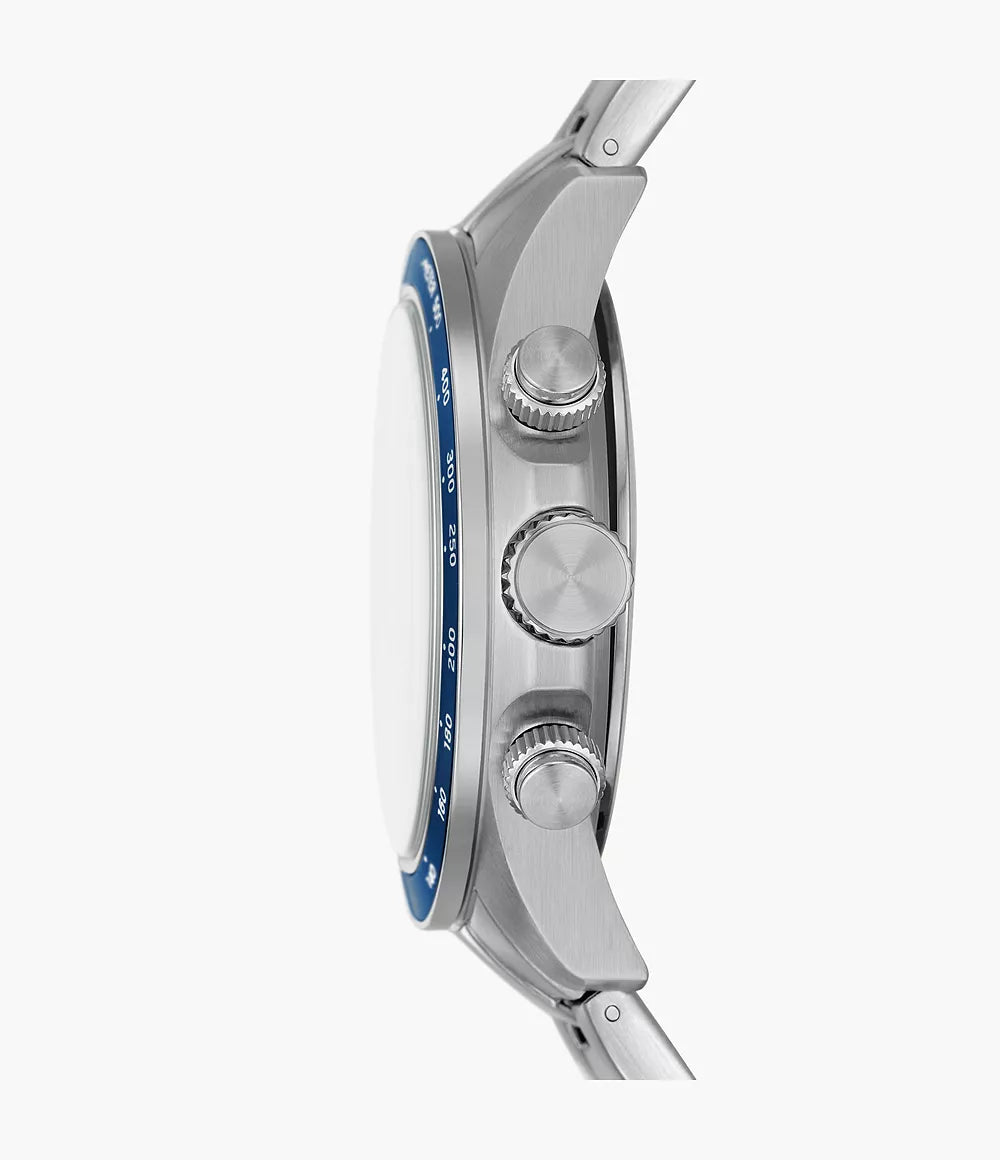 Side profile of Fossil Autocross chronograph showing case thickness and blue tachymeter bezel
