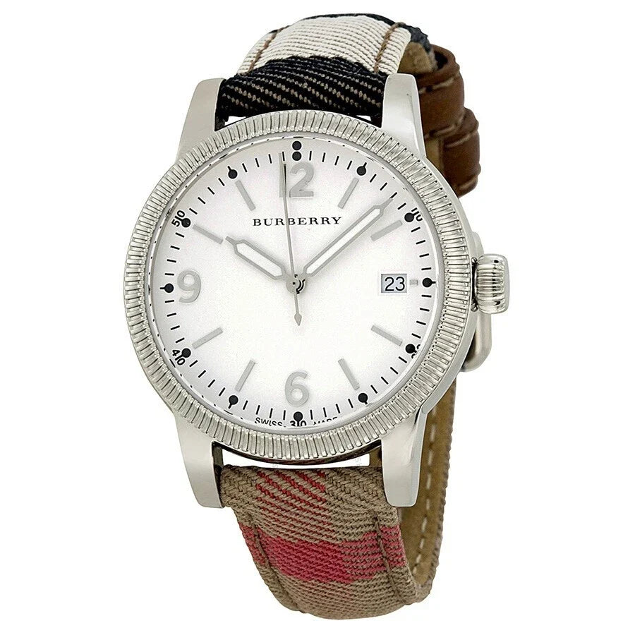 Burberry BU7824 watch at angle showing case and multicolor leather strap detail