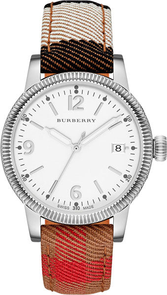 Burberry BU7824 utilitarian watch with white dial and multicolor striped leather strap