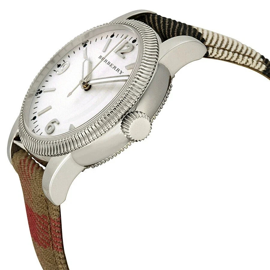 Side view of Burberry BU7824 watch displaying stainless steel case and strap profile