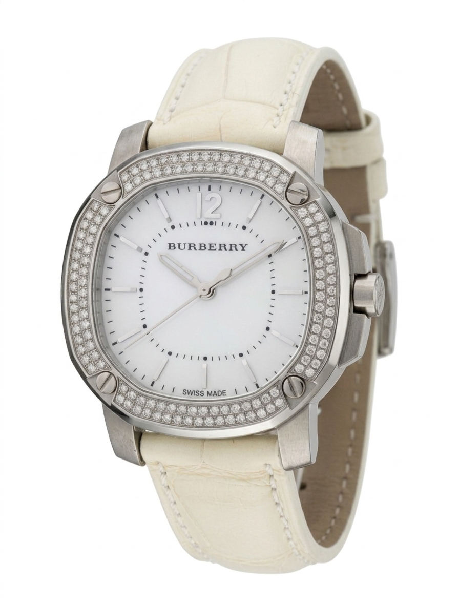 Burberry Britain BBY1800 watch at angle showing cream leather strap and diamond bezel