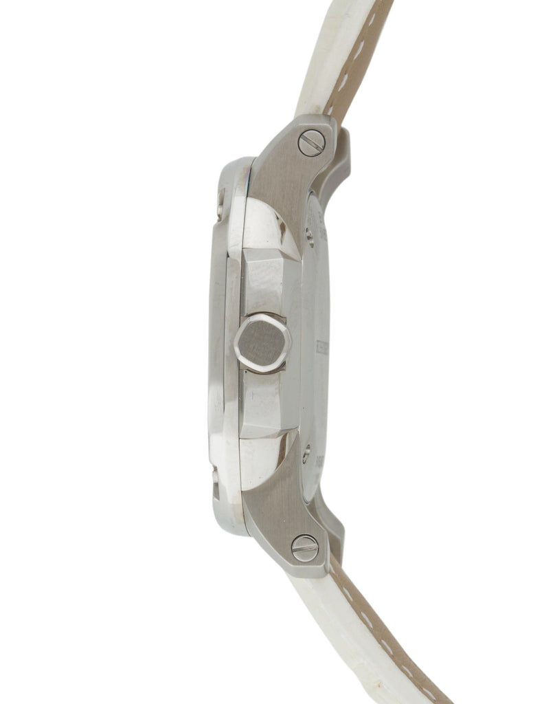Burberry Britain BBY1800 watch side profile showing case thickness and cream leather band