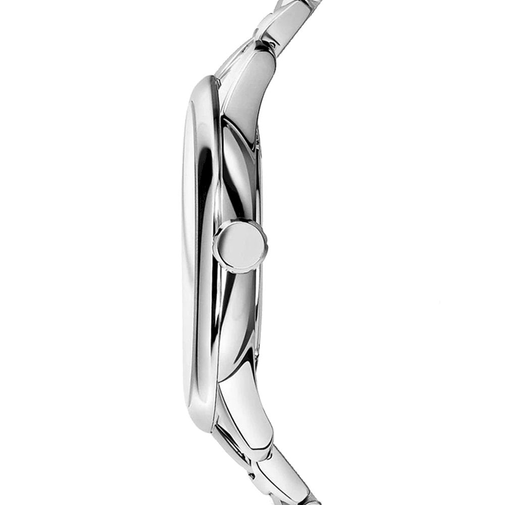 Side profile of Burberry Classic Check watch showing silver stainless steel case and bracelet