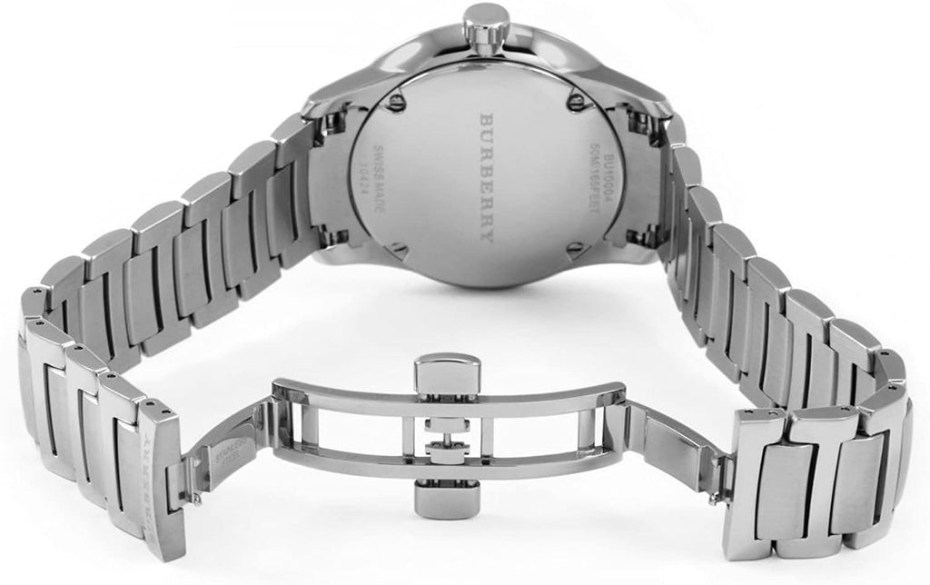 Back and side view of Burberry Classic Check watch with stainless steel bracelet