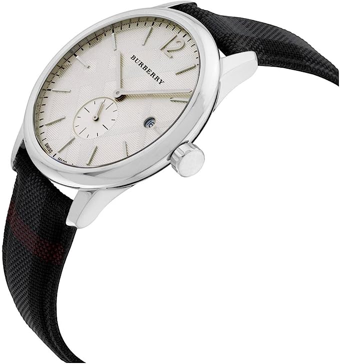 Burberry watch at angle showing cream dial with subdial, stainless steel case, and black leather strap