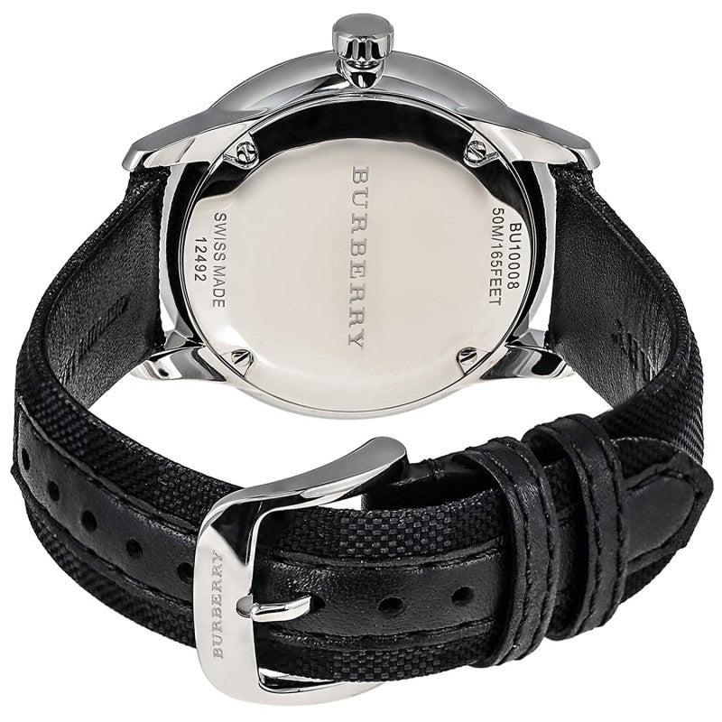 Burberry watch caseback showing stainless steel case and black leather strap with buckle