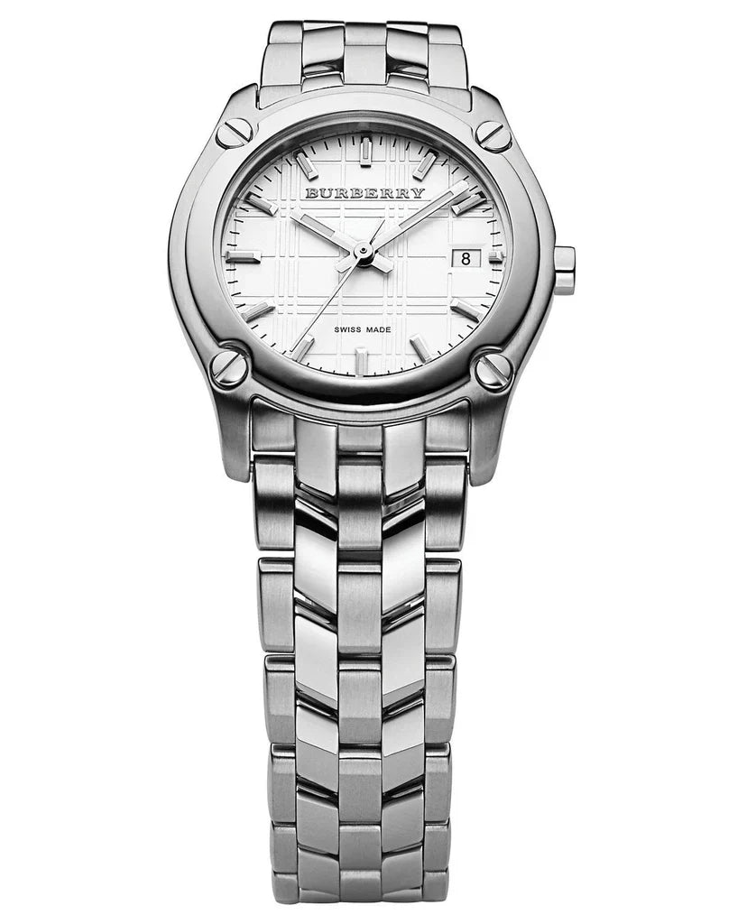 Burberry BU1853 watch angled view showing white dial and tapered steel bracelet