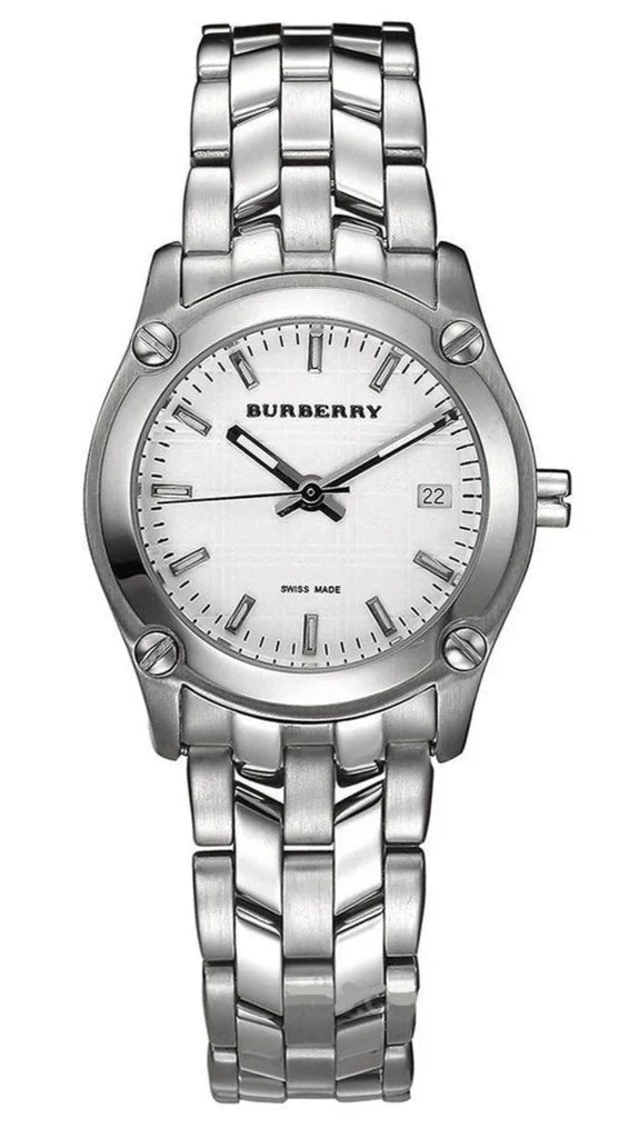 Burberry Heritage Check women's watch with white dial and silver steel bracelet, front view