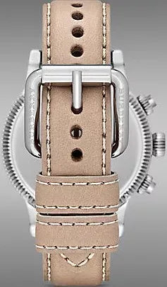Burberry BU7816 watch caseback showing taupe leather strap with contrast stitching