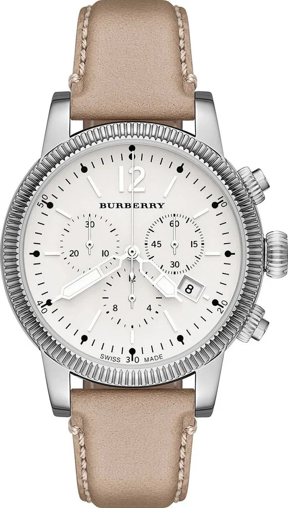 Burberry BU7816 women's chronograph watch with white dial and taupe leather strap