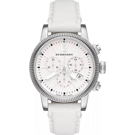 Burberry BU7821 chronograph watch with white dial, 42mm stainless steel case, and white leather strap