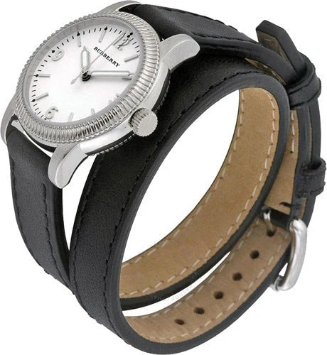 Burberry BU7845 watch showing angled side view with wrapped black leather strap