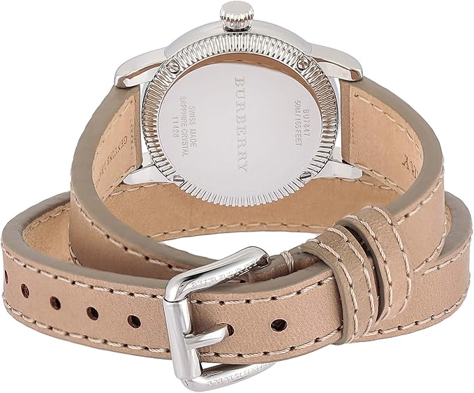 Burberry BU7847 case back showing Burberry engraving and beige leather strap