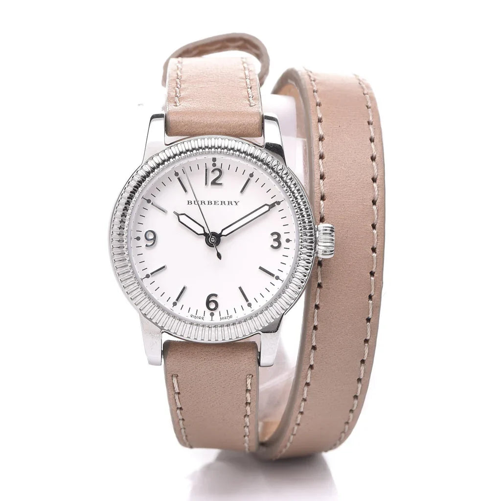 Burberry BU7847 watch with wrapped beige leather strap showing wrapped design detail