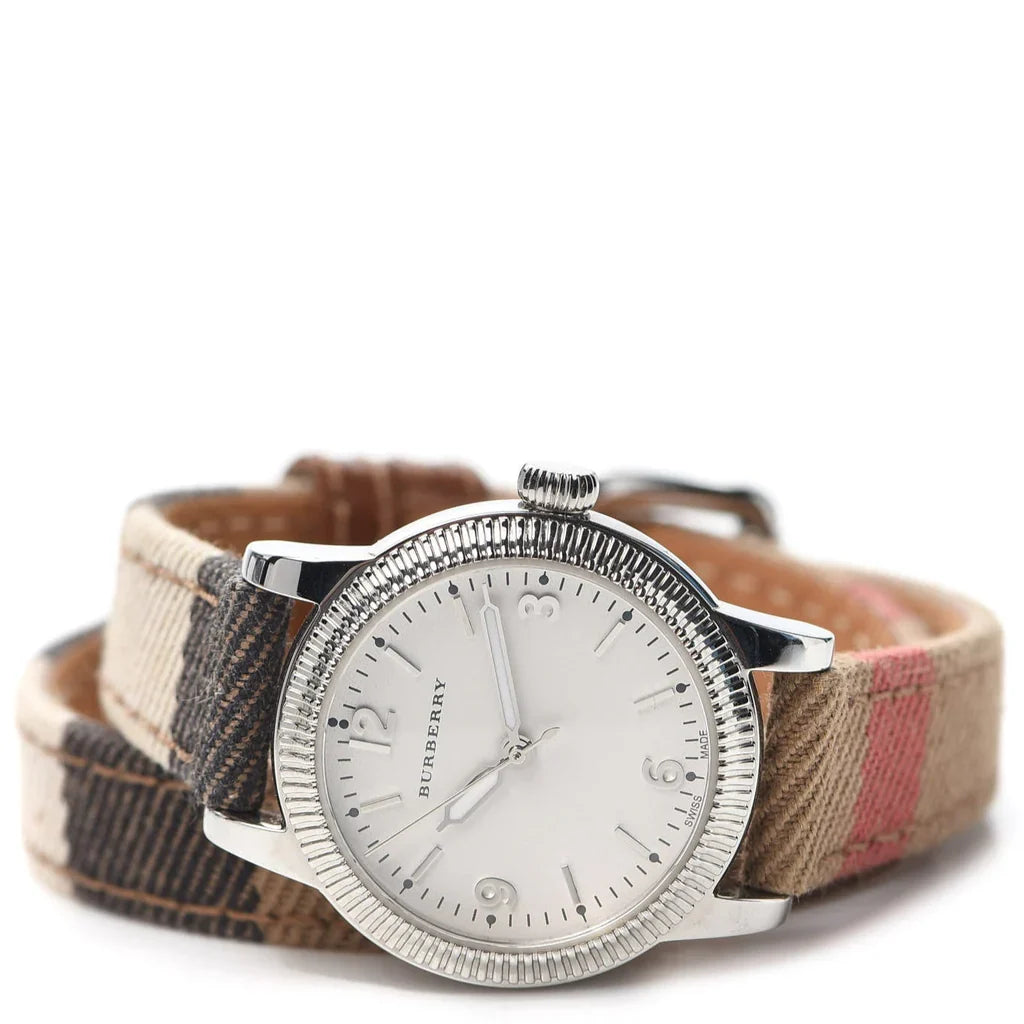 Burbery The City White Dial Burberry Check Canvas Ladies Watch BU7849