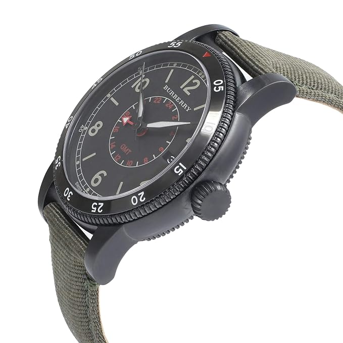 Burberry BU7855 GMT watch angled view showing black case, khaki textile strap