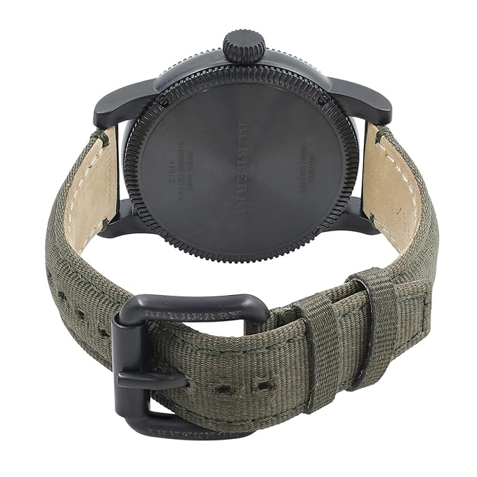 Burberry BU7855 caseback showing black case back with khaki strap