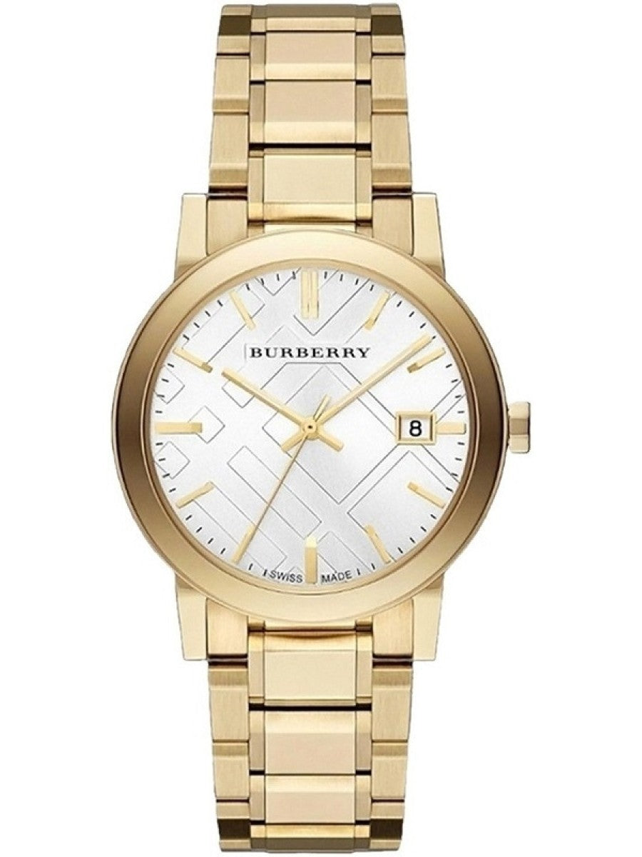 Burberry BU9003 white dial yellow gold-plated stainless steel unisex watch front view