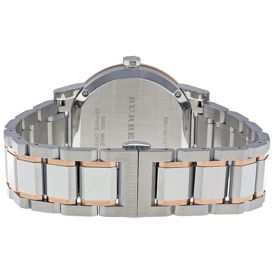 Burberry BU9006 watch case back showing stainless steel and rose gold two-tone composition