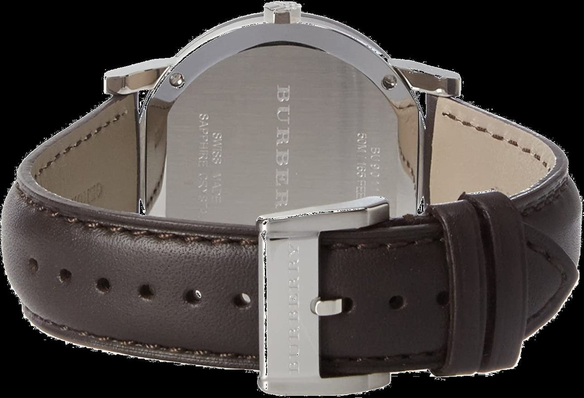 Burberry BU9011 watch caseback view displaying brown leather strap and back case engraving