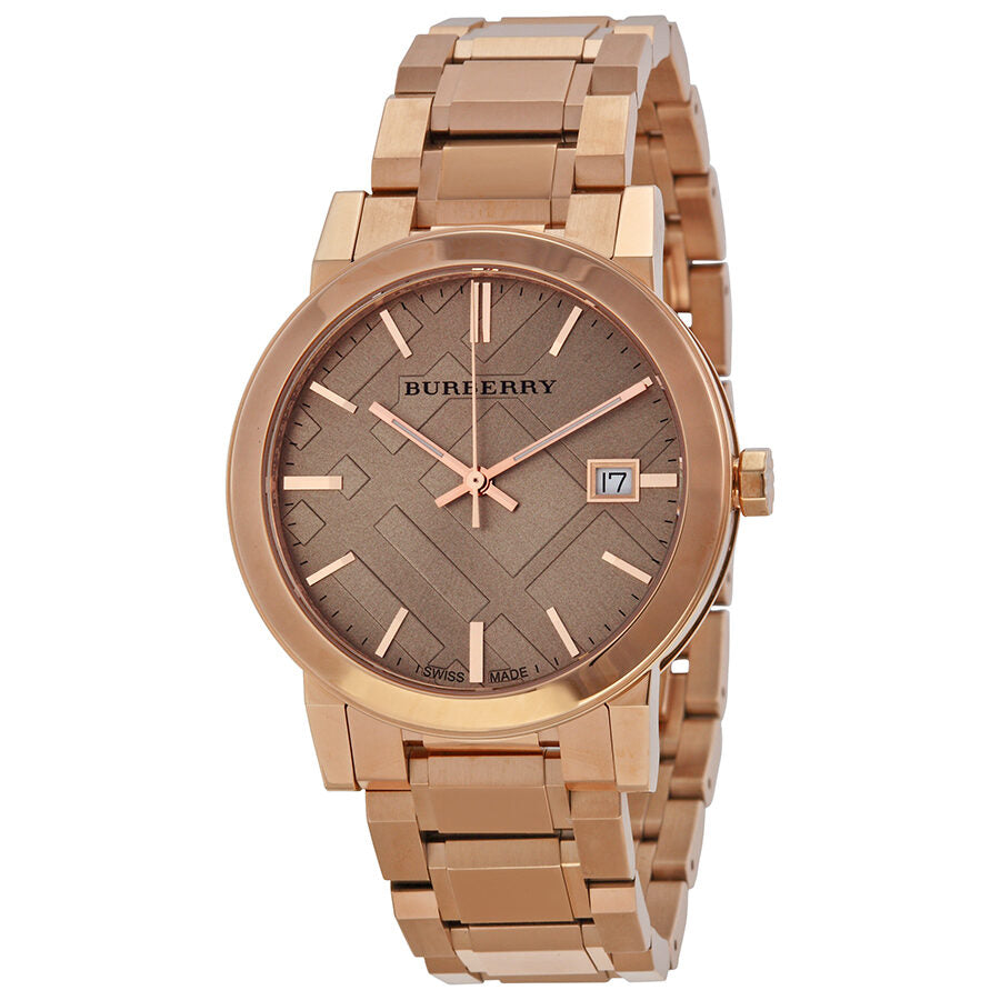 Burberry The City BU9034 rose gold women's watch with rose check stamped dial and link bracelet
