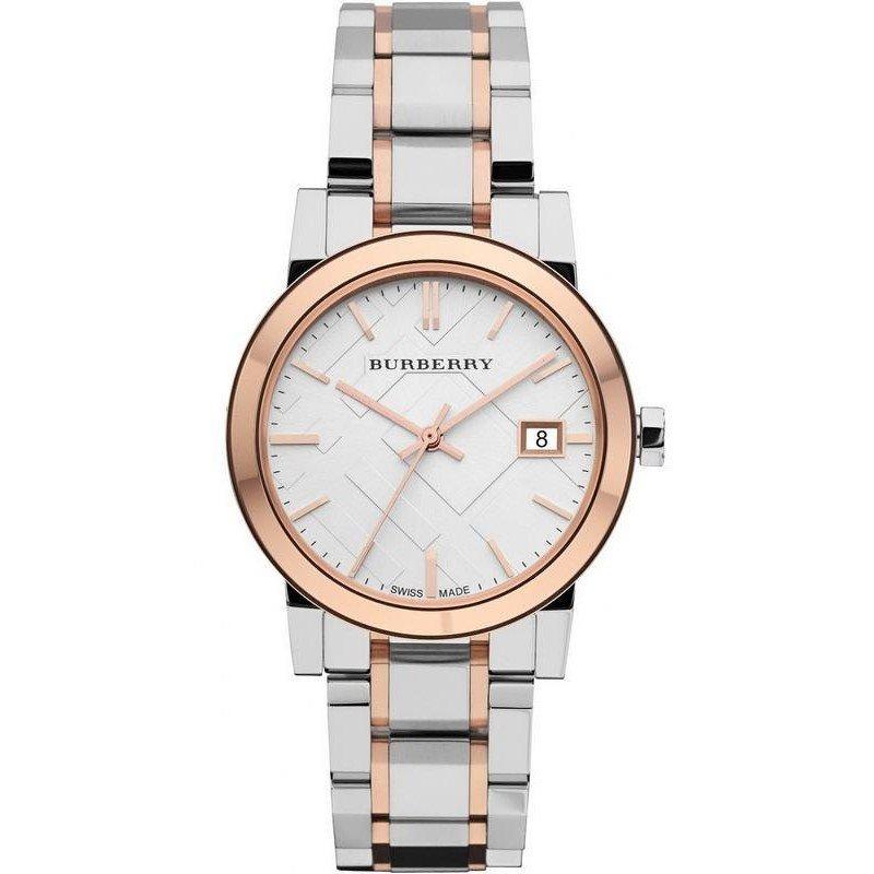 Burberry BU9105 ladies watch with two-tone rose gold and stainless steel bracelet, white dial, and date window
