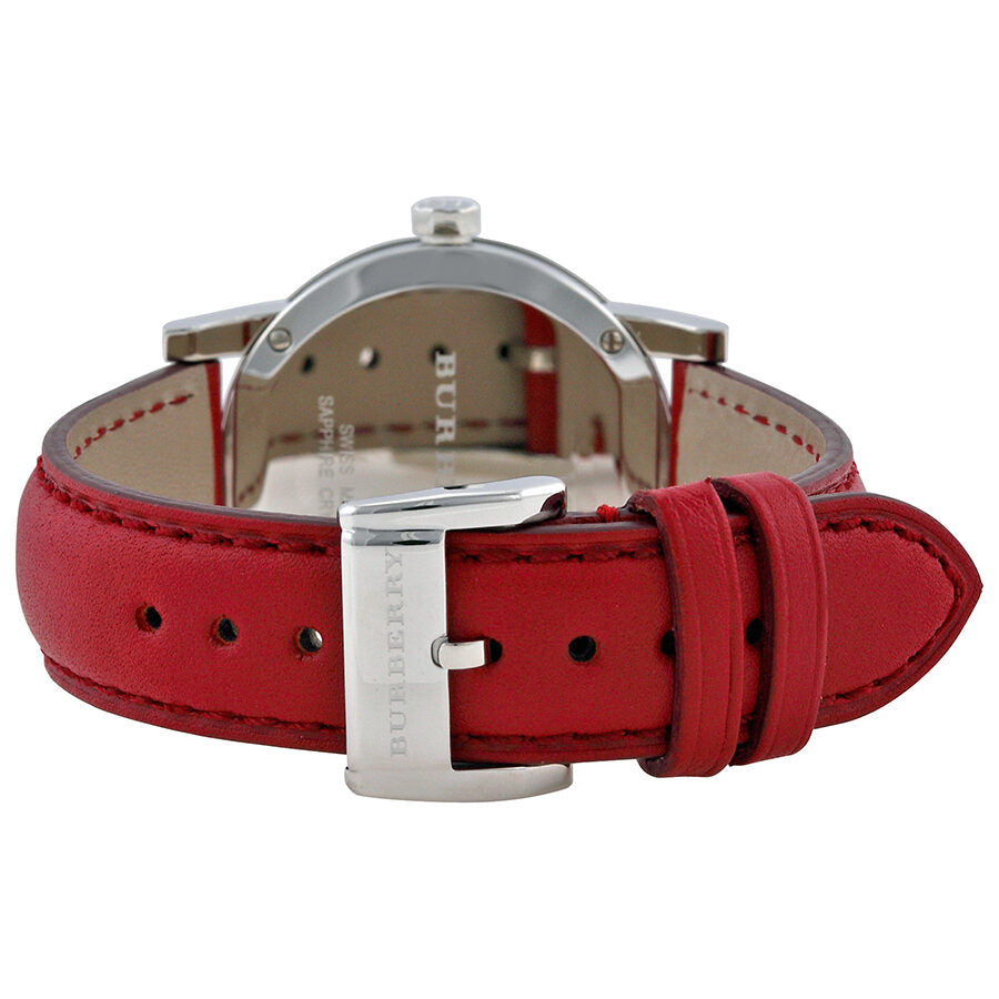 Burberry BU9129 watch caseback showing red leather strap with buckle fastening