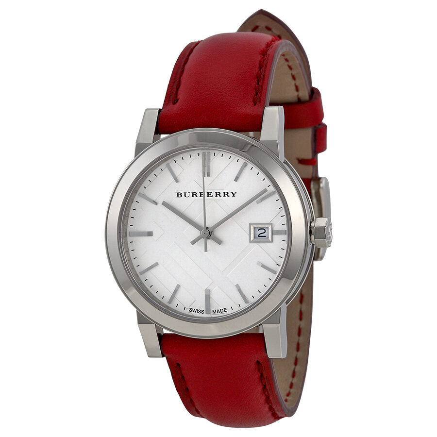 Burberry BU9129 women's watch with white silver dial and red leather strap
