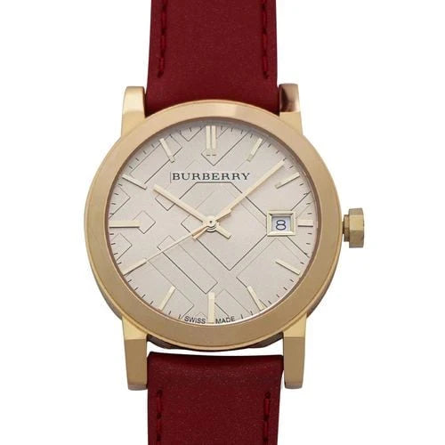 Burberry BU9140 front view of watch face with gold case and red leather band