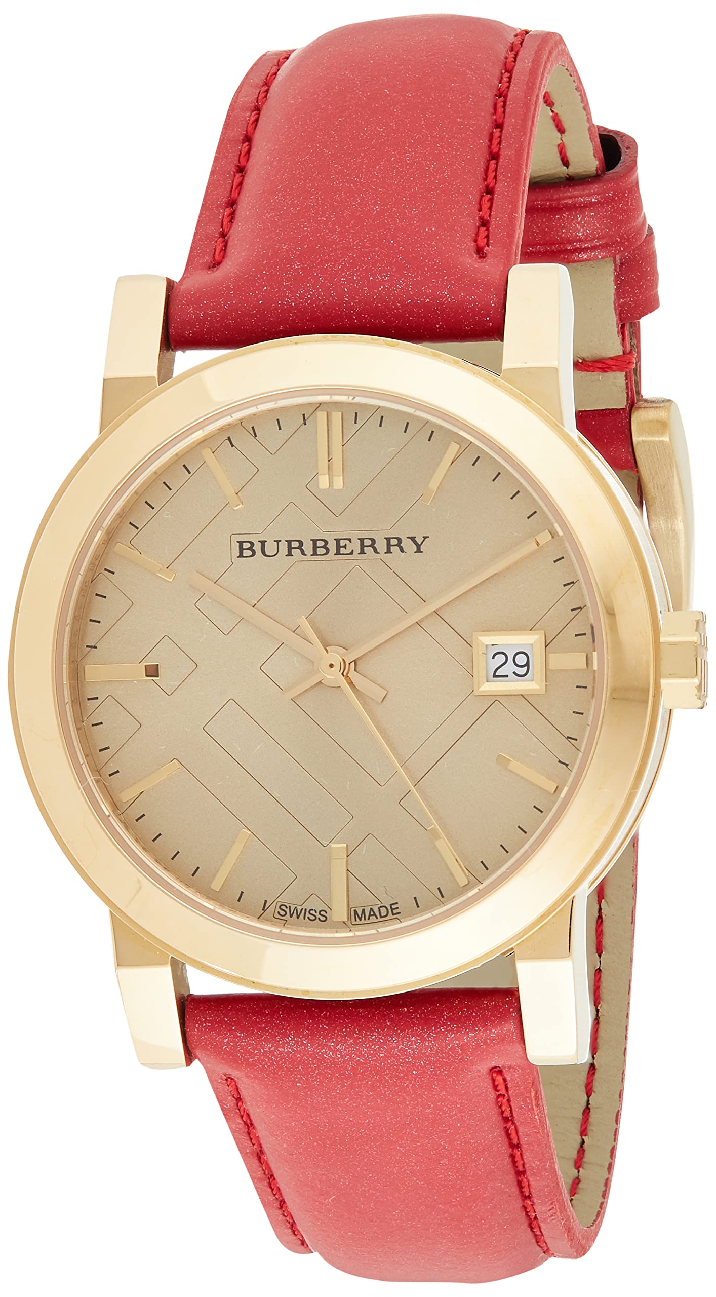 Burberry BU9140 ladies watch with gold case, red patent leather strap, and champagne dial