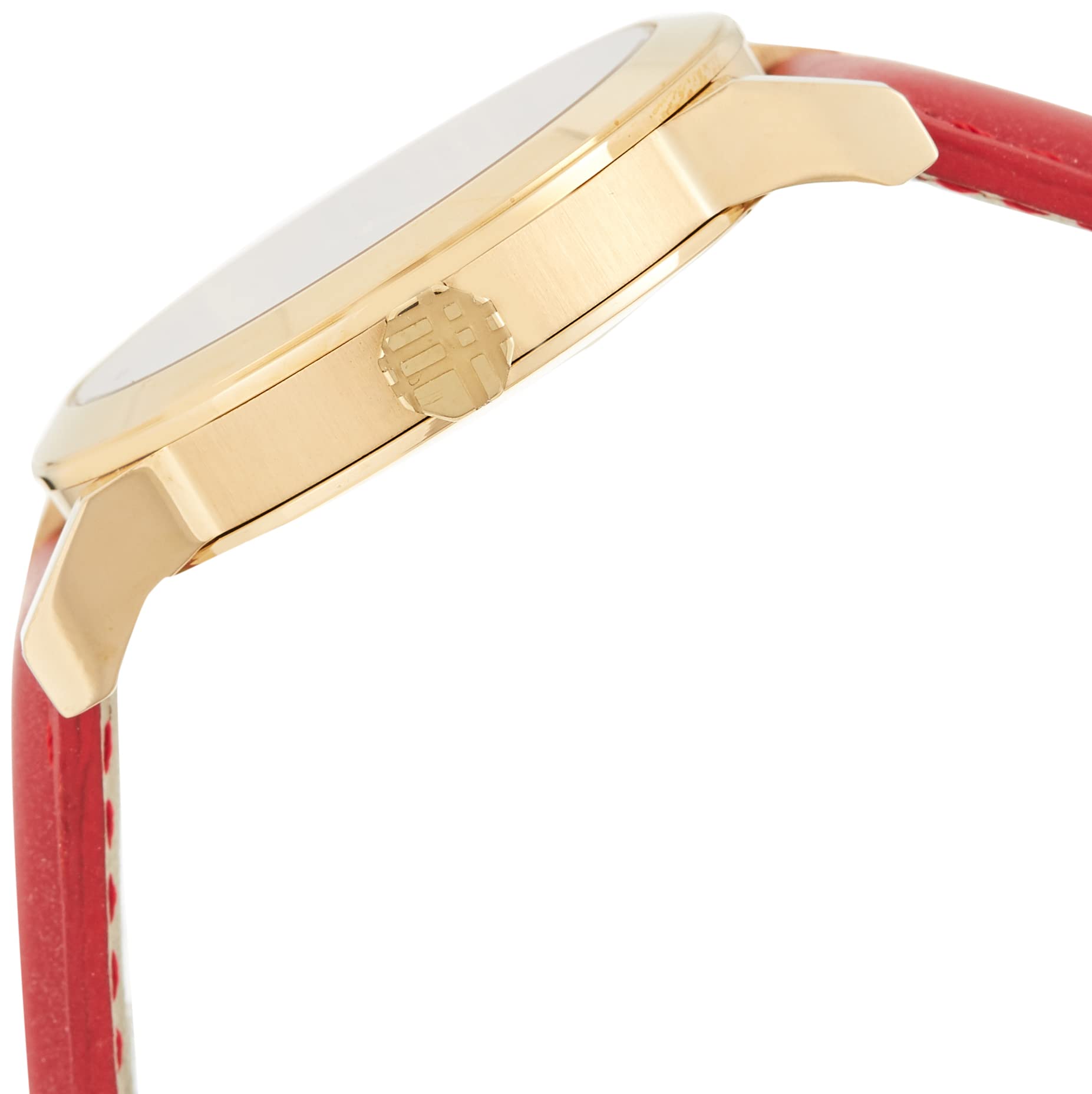 Burberry BU9140 side profile view of gold case with red patent leather strap