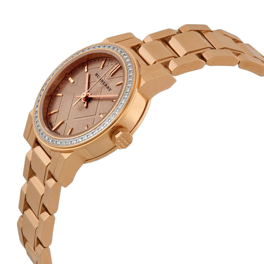 Burberry BU9225 watch displayed at angle showing rose gold bracelet and diamond-set bezel detail