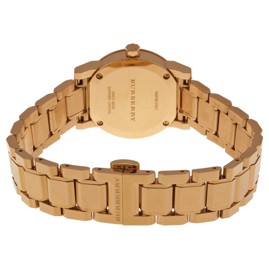 Burberry BU9225 watch caseback showing engraved details on rose gold-tone case