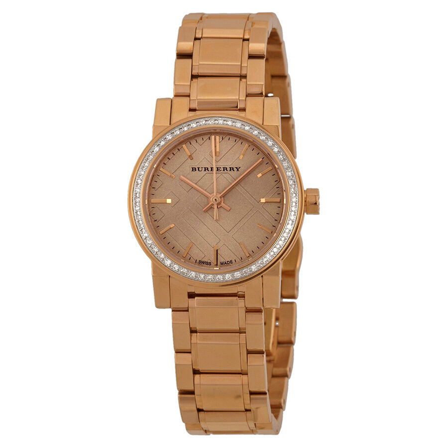 Burberry BU9225 rose gold-tone ladies watch with rose dial and diamond-set bezel, front view