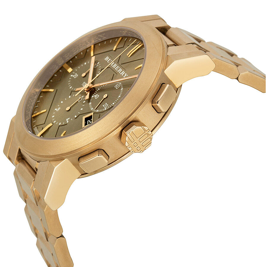 Angled side view of Burberry BU9353 chronograph watch showing rose gold-plated case and bracelet