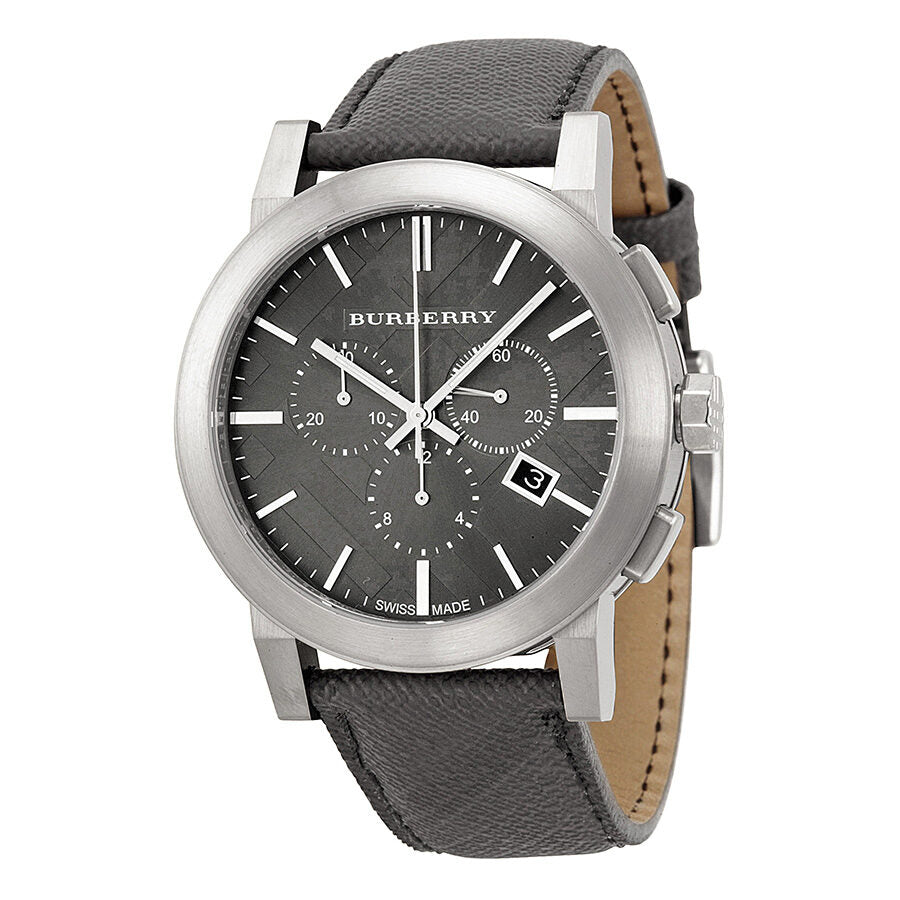 Burberry grey dial chronograph watch with stainless steel case and black leather strap
