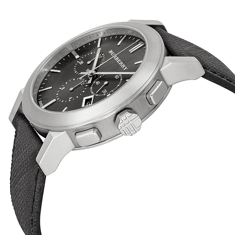 Side angle view of Burberry chronograph with grey dial and black leather strap