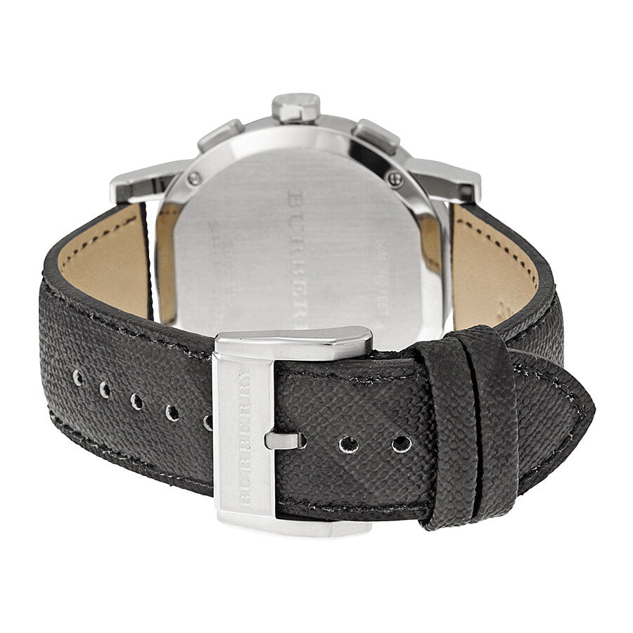 Burberry watch case back showing stainless steel with black leather strap