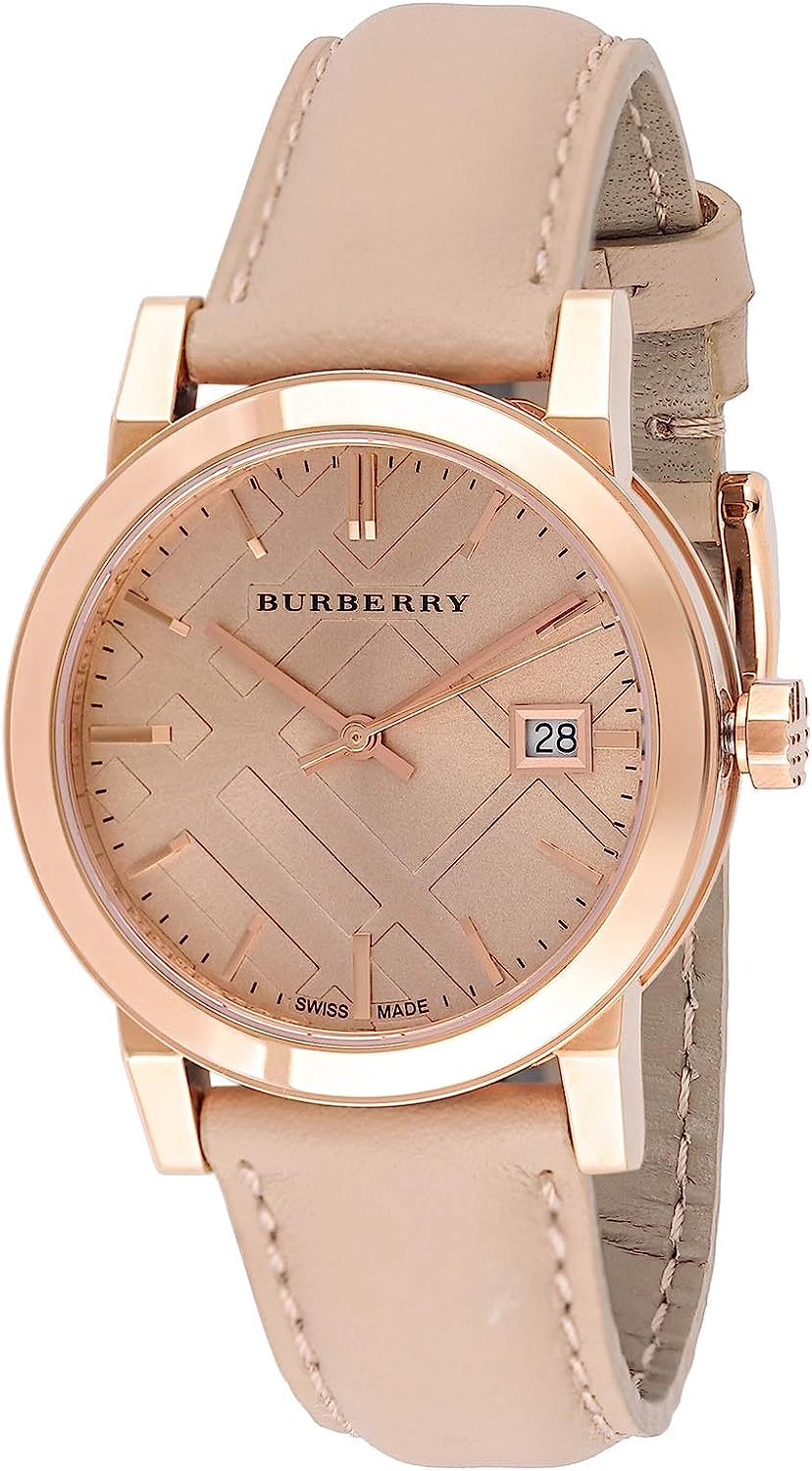 Burberry The City 34mm women's watch with rose gold case, rose dial with diamond indexes, and pink leather strap