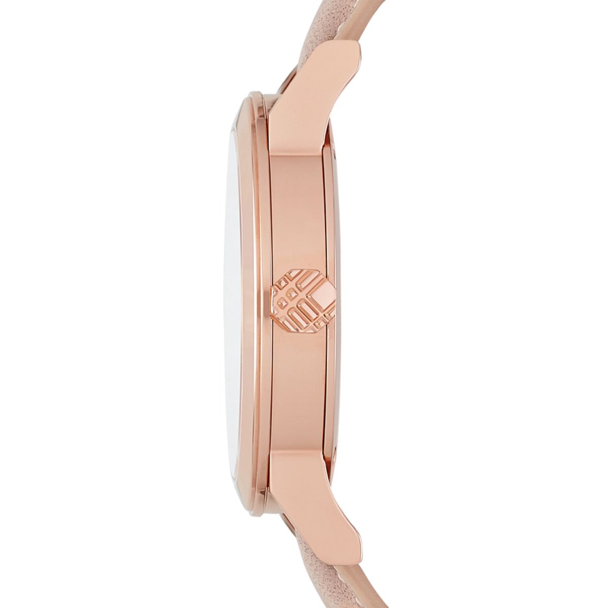 Side profile of Burberry The City women's watch showing rose gold case thickness and pink leather strap