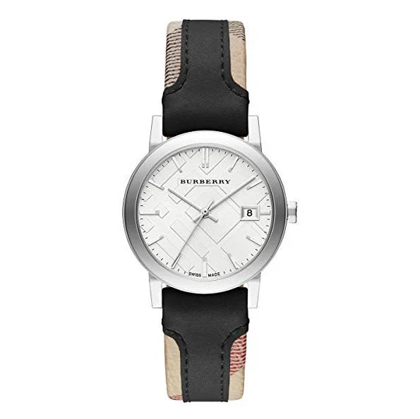 Burberry The City BU9150 ladies watch with white dial and Haymarket check leather strap