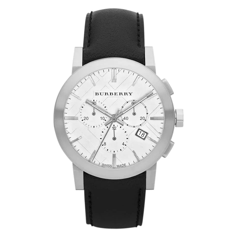 Burberry City BU9355 chronograph watch face with silver dial and date window