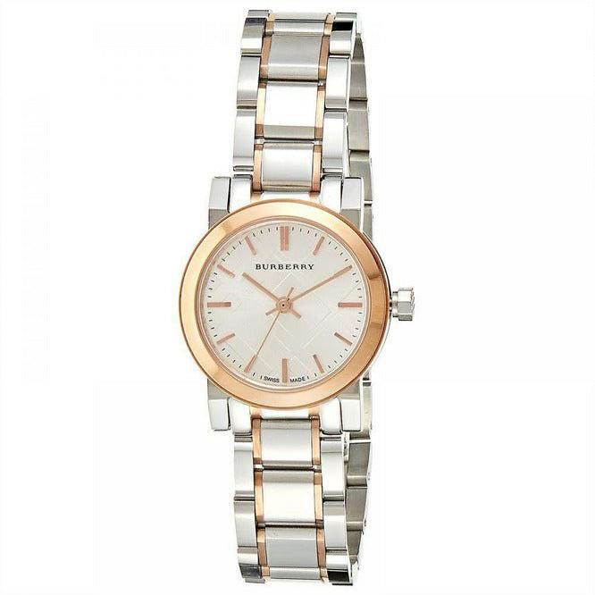 Burberry City Check watch at angle showing two-tone rose gold and stainless steel design