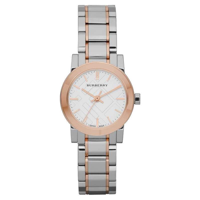 Burberry City Check silver dial watch with rose gold bezel and two-tone stainless steel bracelet