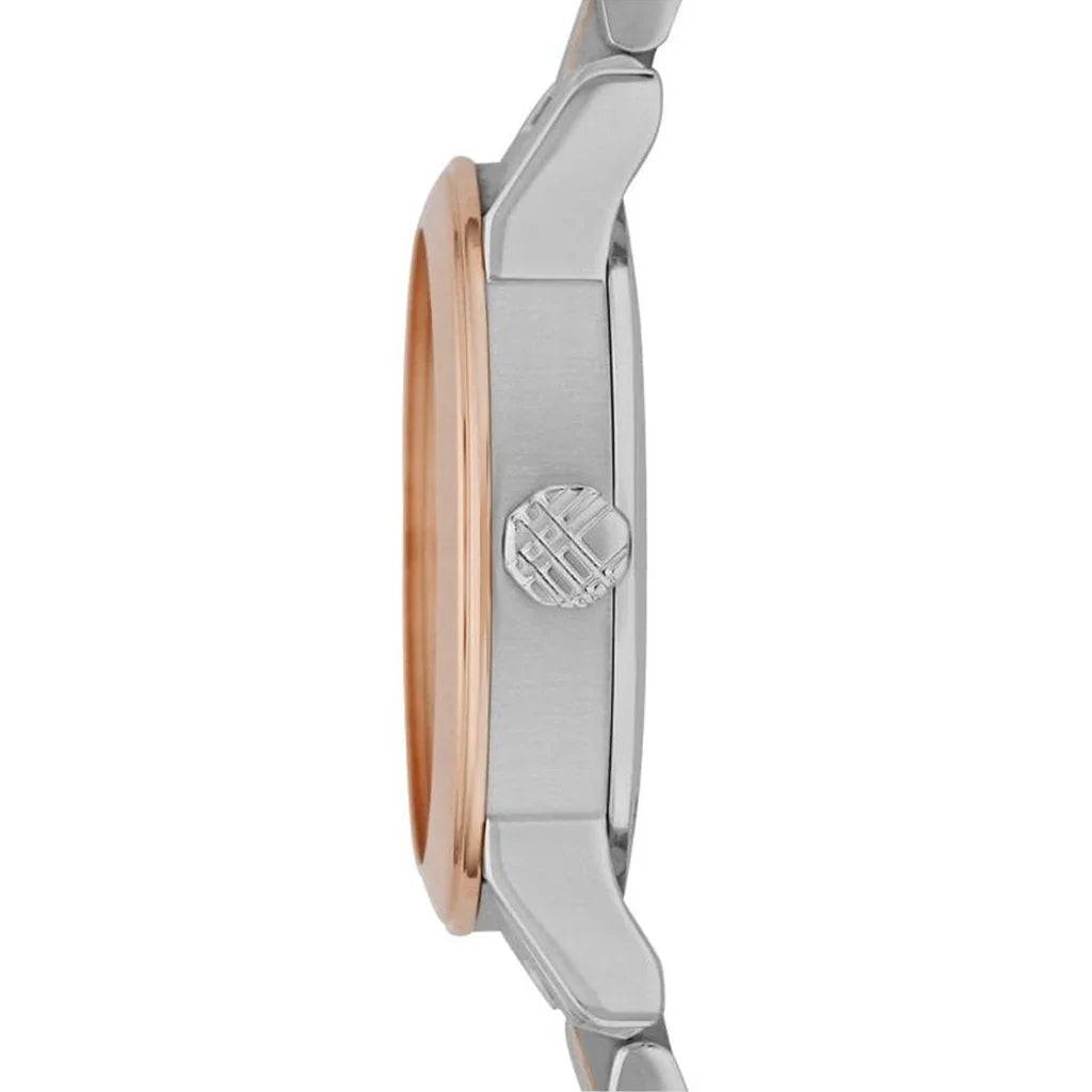 Side view of Burberry City Check watch displaying rose gold bezel and stainless steel case