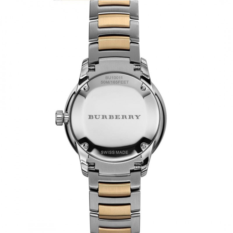 Burberry The Classic watch case back showing Swiss-made and water resistance markings