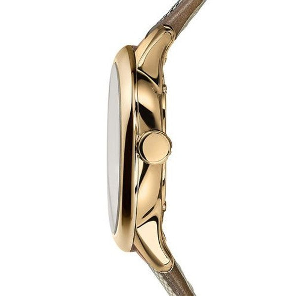 Side view of Burberry The Classic gold watch showing case profile and brown leather strap